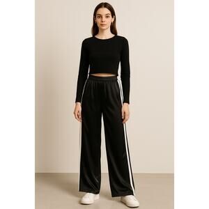 Satin Streetwear Luxe Black Wide Leg Track Pants Emmerson Lang Medium